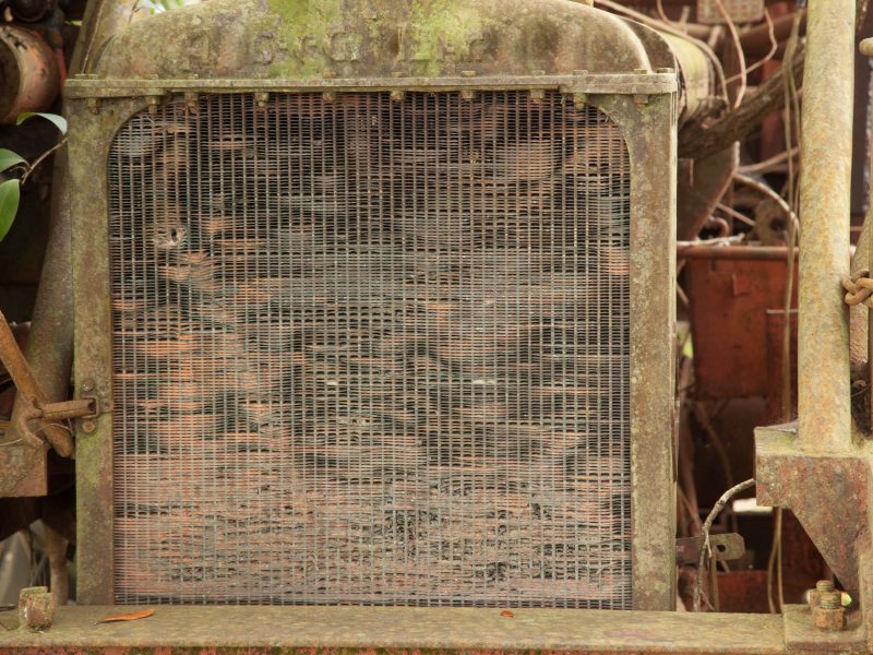 Rejilla de radiador oxidada de un vehículo antiguo antes de la evaluación